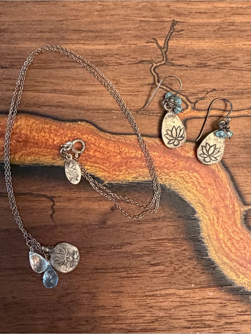 Sterling Lotus Pendant Necklace and Earrings Set in Silver with Blue Gem Accents